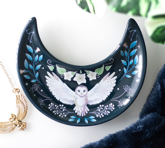 Crescent moon owl trinket dish