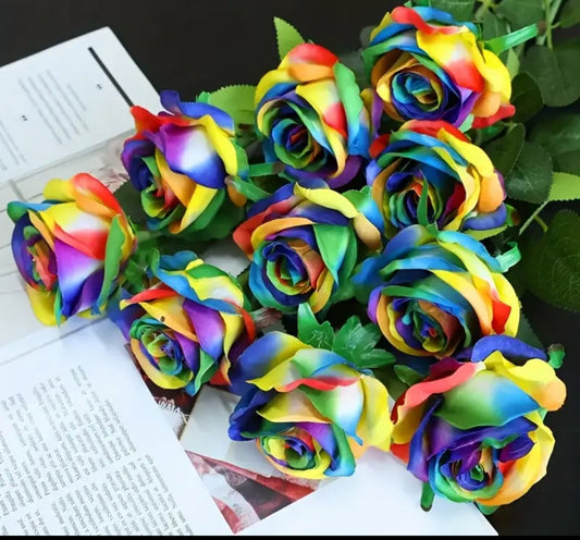 6x artificial multicolour roses