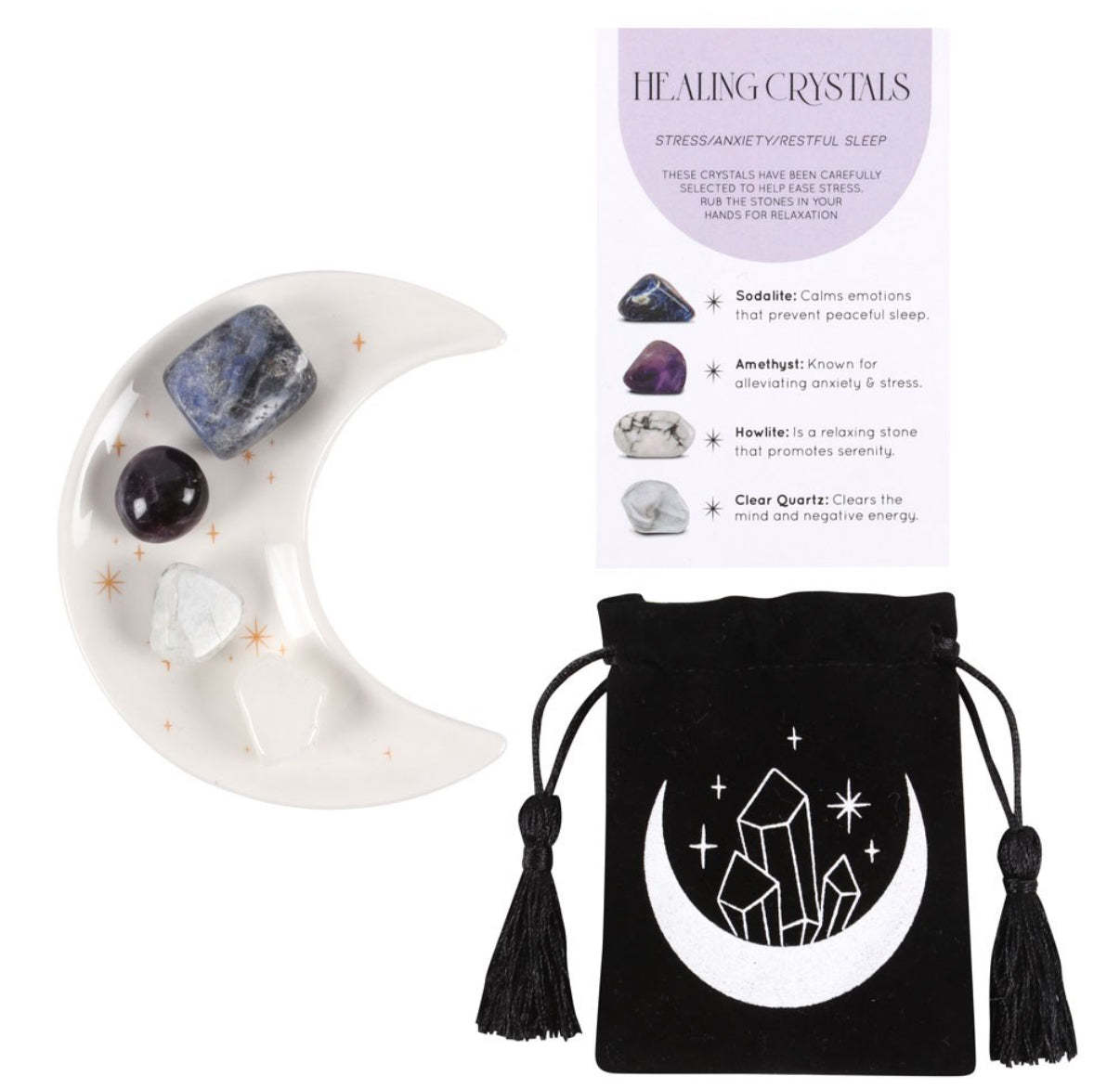 Stress healing crystal set with moon trinket tray