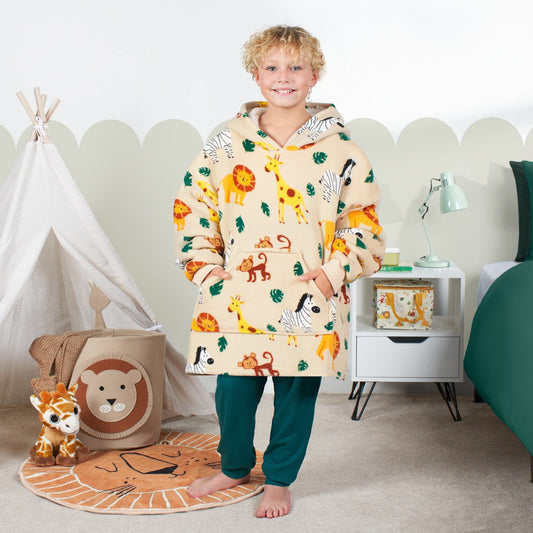 Safari Print Hoodie Blanket, Beige - Kids