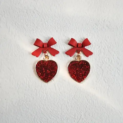 Red Heart & Bow Tassel Drop Earrings