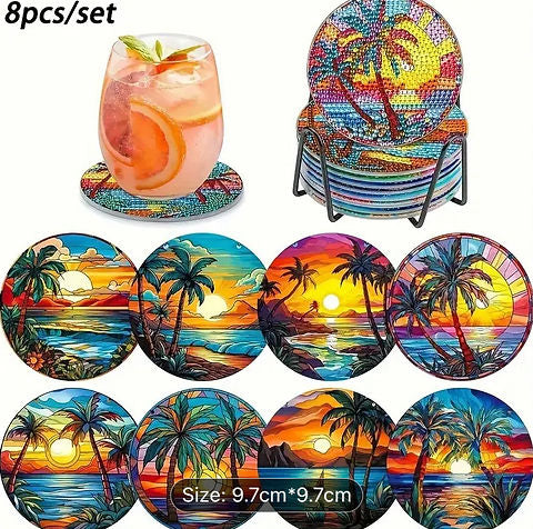 8pc tropical island diamond art coasters