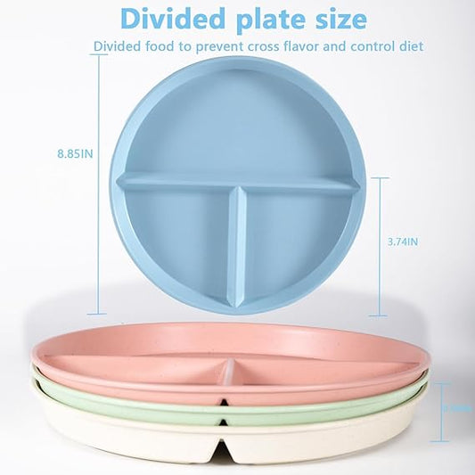 4pcs Divided Dinner Plates, Portion Control Divided Plates, 8.85" Unbreakable Divided Plates Compartment Plates